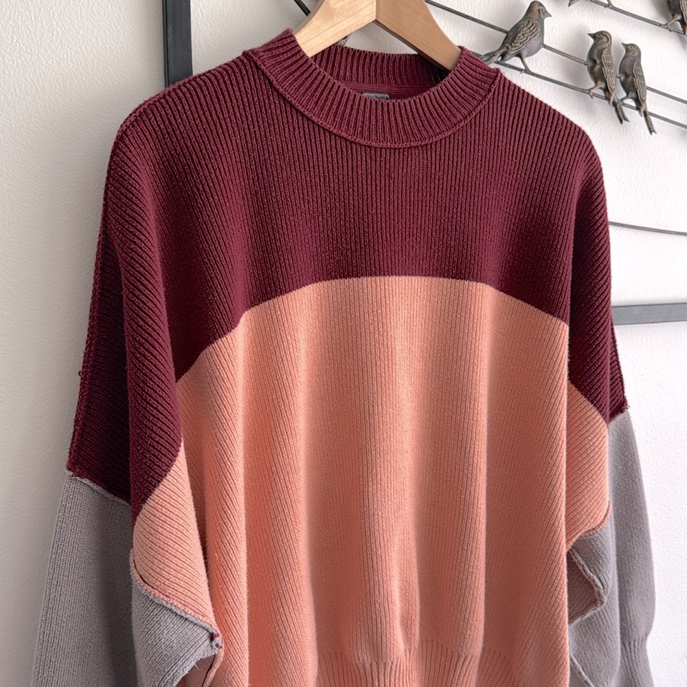 Free People Oversized Colorblock Knit Sweater Burgundy Peach Gray XS Boho Indie - Picture 2 of 10